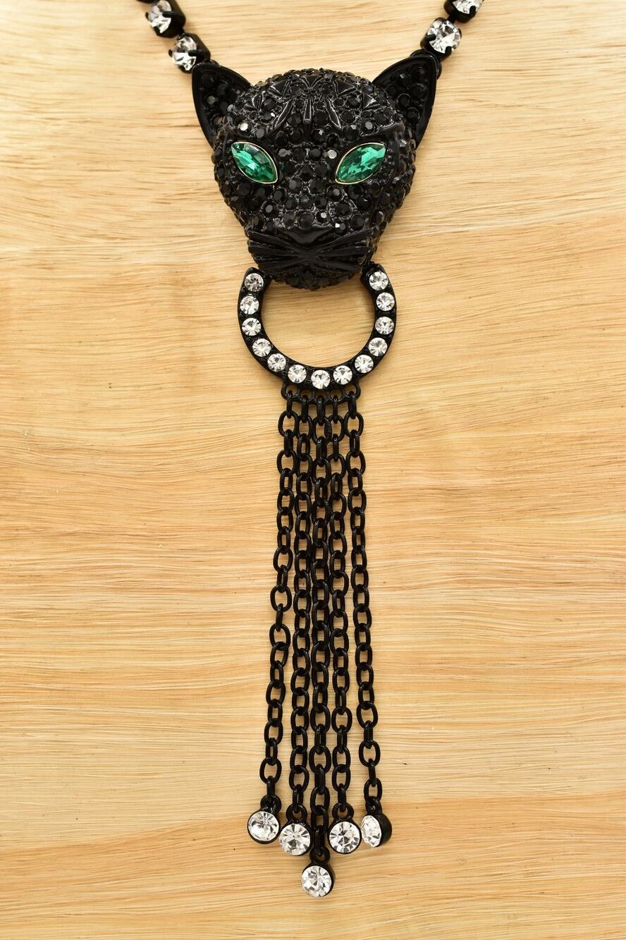 Betsey Johnson Black Cat Panther Rhinestone Tassel Statement Necklace NWT BinBM